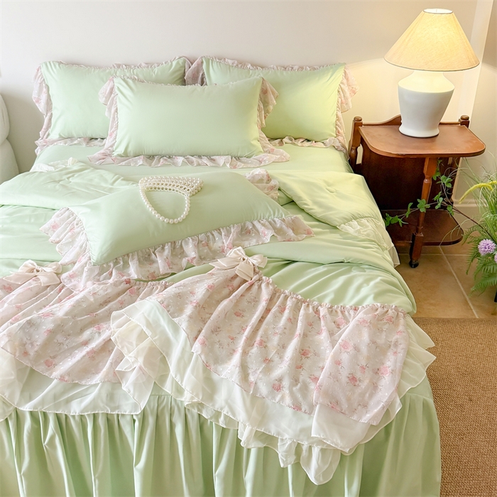 91家纺网 家纺一手货源 找家纺 富盛家纺 2026新款雪纺蕾丝刺绣法式床裙韩版夏凉被空调被夏被四件套 夏被四件套—浪漫主义（绿）