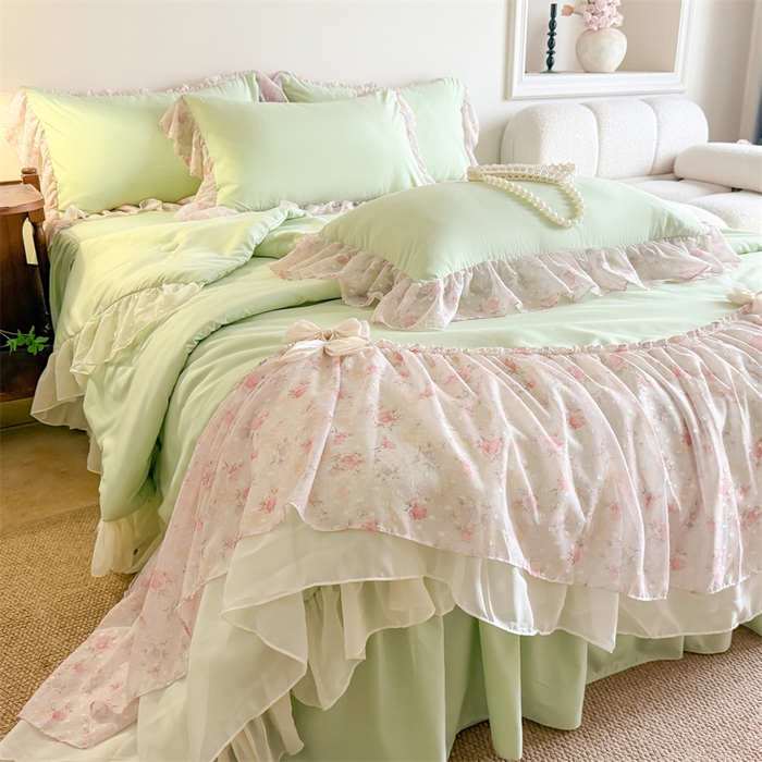 91家纺网 家纺一手货源 找家纺 富盛家纺 2026新款雪纺蕾丝刺绣法式床裙韩版夏凉被空调被夏被四件套 夏被四件套—浪漫主义（绿）