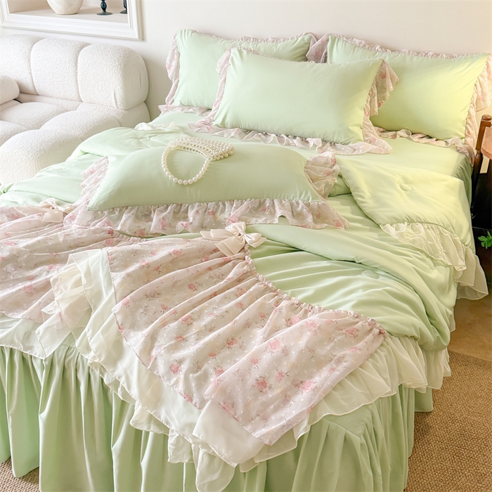 91家纺网 家纺一手货源 找家纺 富盛家纺 2026新款雪纺蕾丝刺绣法式床裙韩版夏凉被空调被夏被四件套 夏被四件套—浪漫主义（绿）