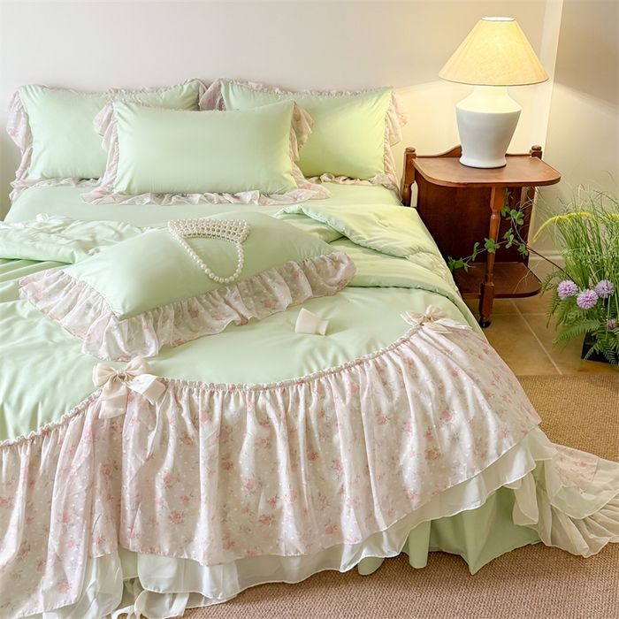 91家纺网 家纺一手货源 找家纺 富盛家纺 2026新款雪纺蕾丝刺绣法式床裙韩版夏凉被空调被夏被四件套 夏被四件套—浪漫主义（绿）