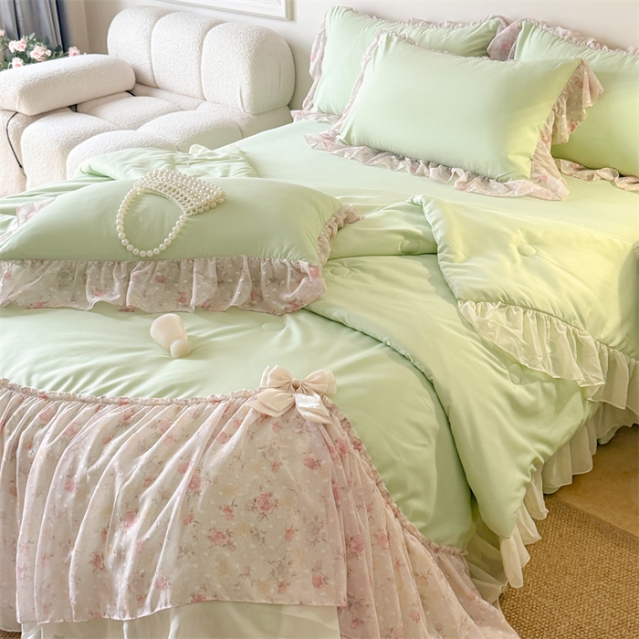 91家纺网 家纺一手货源 找家纺 富盛家纺 2026新款雪纺蕾丝刺绣法式床裙韩版夏凉被空调被夏被四件套 夏被四件套—浪漫主义（绿）