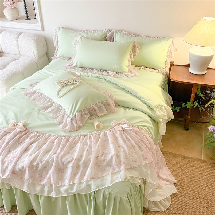 91家纺网 家纺一手货源 找家纺 富盛家纺 2026新款雪纺蕾丝刺绣法式床裙韩版夏凉被空调被夏被四件套 夏被四件套—浪漫主义（绿）