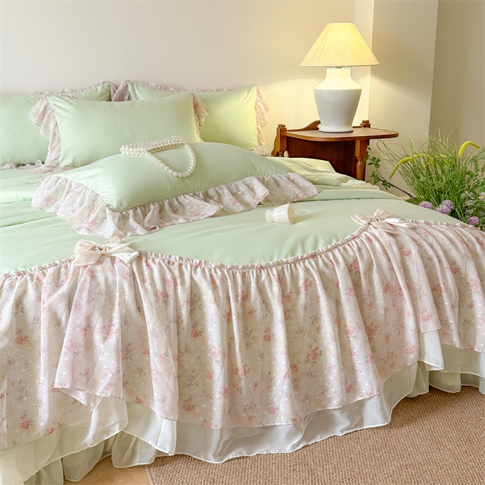 91家纺网 家纺一手货源 找家纺 富盛家纺 2026新款雪纺蕾丝刺绣法式床裙韩版夏凉被空调被夏被四件套 夏被四件套—浪漫主义（绿）