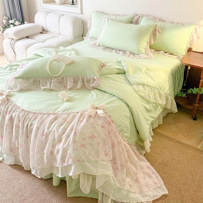 91家纺网 家纺一手货源 找家纺 富盛家纺 2026新款雪纺蕾丝刺绣法式床裙韩版夏凉被空调被夏被四件套 夏被四件套—浪漫主义（绿）