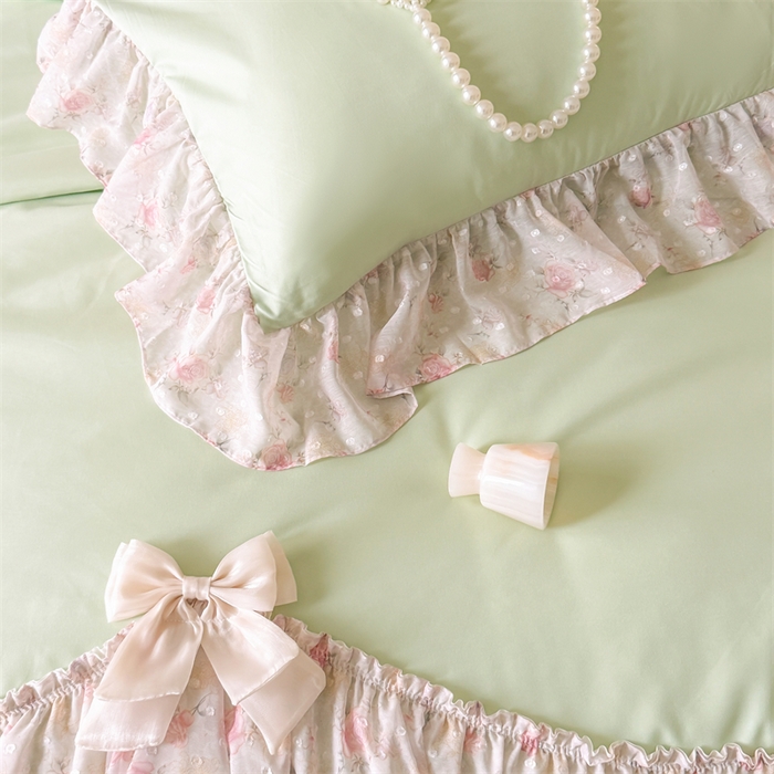 91家纺网 家纺一手货源 找家纺 富盛家纺 2026新款雪纺蕾丝刺绣法式床裙韩版夏凉被空调被夏被四件套 夏被四件套—浪漫主义（绿）