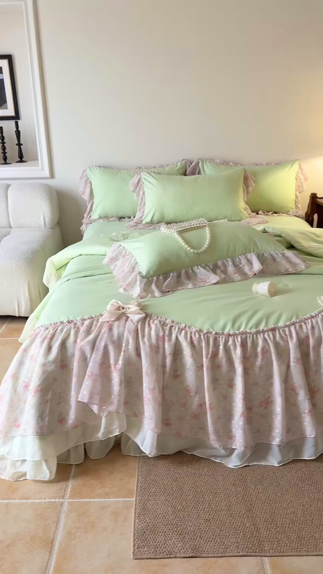 91家纺网 家纺一手货源 找家纺 富盛家纺 2026新款雪纺蕾丝刺绣法式床裙韩版夏凉被空调被夏被四件套 夏被四件套—浪漫主义（绿）