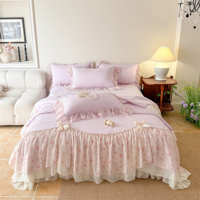 91家纺网 家纺一手货源 找家纺 富盛家纺 2026新款雪纺蕾丝刺绣法式床裙韩版夏凉被空调被夏被四件套 夏被四件套—浪漫主义（紫）