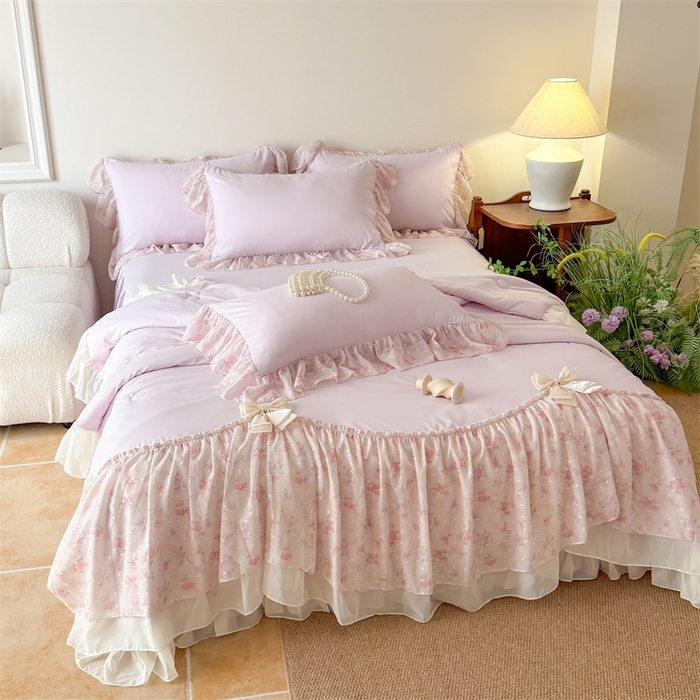 91家纺网 家纺一手货源 找家纺 富盛家纺 2026新款雪纺蕾丝刺绣法式床裙韩版夏凉被空调被夏被四件套 夏被四件套—浪漫主义（紫）