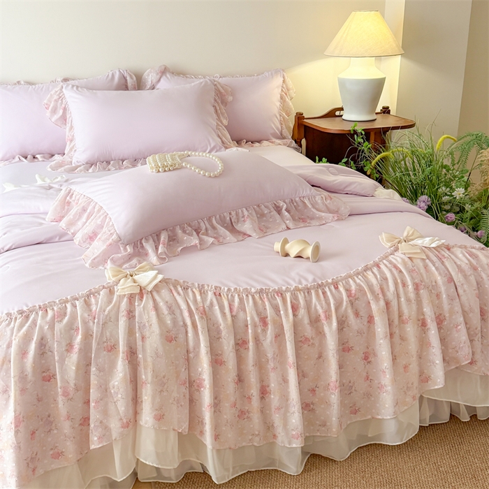 91家纺网 家纺一手货源 找家纺 富盛家纺 2026新款雪纺蕾丝刺绣法式床裙韩版夏凉被空调被夏被四件套 夏被四件套—浪漫主义（紫）