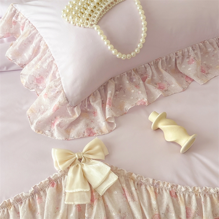 91家纺网 家纺一手货源 找家纺 富盛家纺 2026新款雪纺蕾丝刺绣法式床裙韩版夏凉被空调被夏被四件套 夏被四件套—浪漫主义（紫）