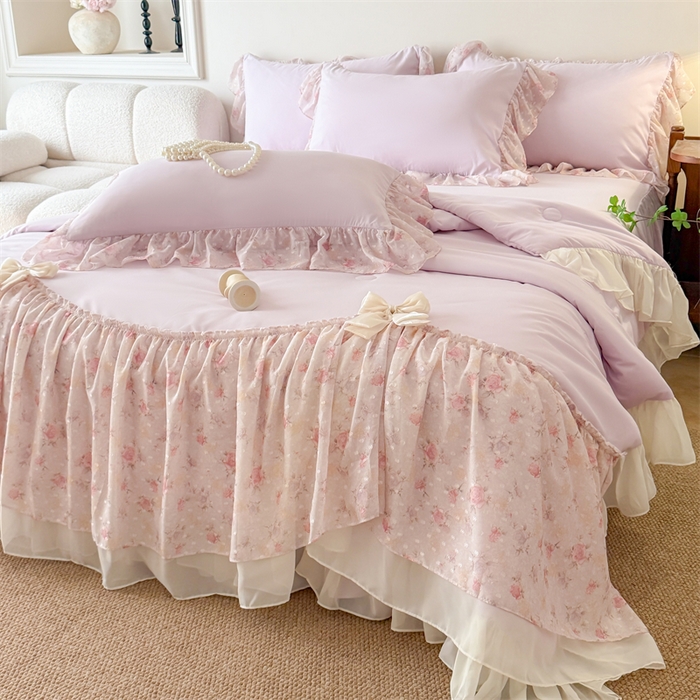 91家纺网 家纺一手货源 找家纺 富盛家纺 2026新款雪纺蕾丝刺绣法式床裙韩版夏凉被空调被夏被四件套 夏被四件套—浪漫主义（紫）