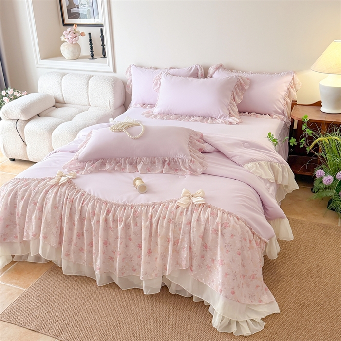 91家纺网 家纺一手货源 找家纺 富盛家纺 2026新款雪纺蕾丝刺绣法式床裙韩版夏凉被空调被夏被四件套 夏被四件套—浪漫主义（紫）