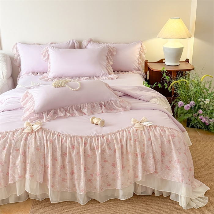 91家纺网 家纺一手货源 找家纺 富盛家纺 2026新款雪纺蕾丝刺绣法式床裙韩版夏凉被空调被夏被四件套 夏被四件套—浪漫主义（紫）