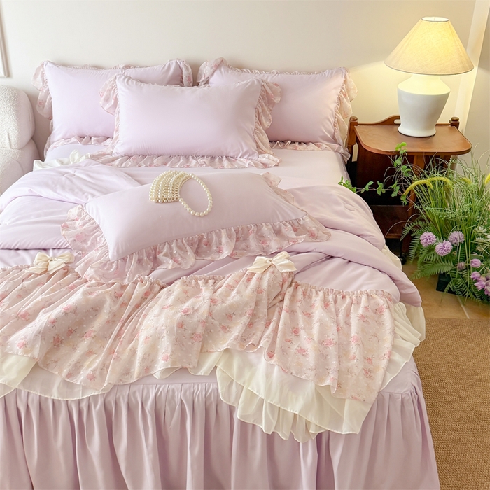 91家纺网 家纺一手货源 找家纺 富盛家纺 2026新款雪纺蕾丝刺绣法式床裙韩版夏凉被空调被夏被四件套 夏被四件套—浪漫主义（紫）