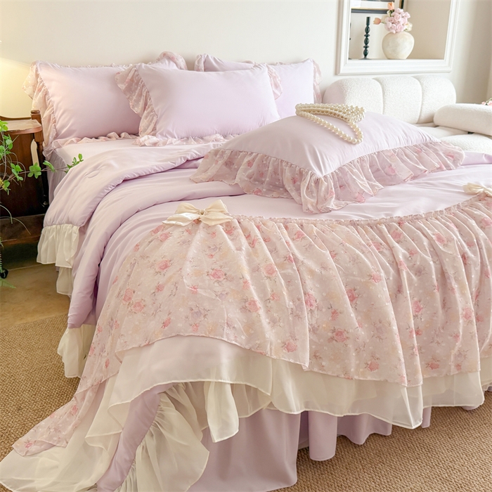 91家纺网 家纺一手货源 找家纺 富盛家纺 2026新款雪纺蕾丝刺绣法式床裙韩版夏凉被空调被夏被四件套 夏被四件套—浪漫主义（紫）