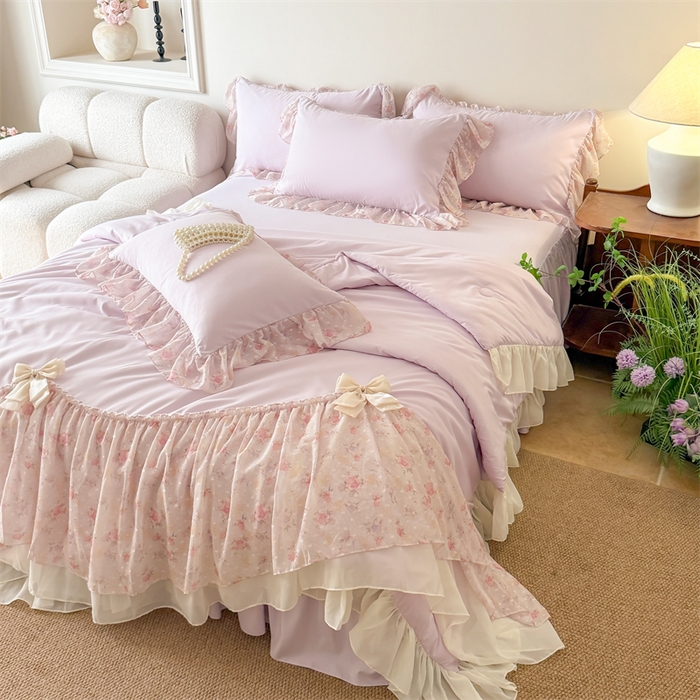 91家纺网 家纺一手货源 找家纺 富盛家纺 2026新款雪纺蕾丝刺绣法式床裙韩版夏凉被空调被夏被四件套 夏被四件套—浪漫主义（紫）