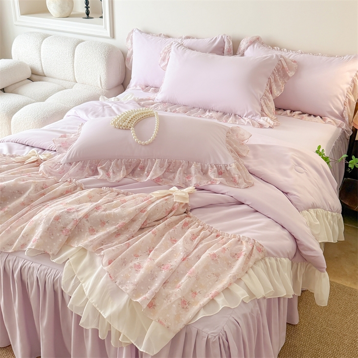 91家纺网 家纺一手货源 找家纺 富盛家纺 2026新款雪纺蕾丝刺绣法式床裙韩版夏凉被空调被夏被四件套 夏被四件套—浪漫主义（紫）