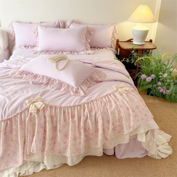 91家纺网 家纺一手货源 找家纺 富盛家纺 2026新款雪纺蕾丝刺绣法式床裙韩版夏凉被空调被夏被四件套 夏被四件套—浪漫主义（紫）