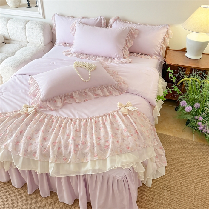 91家纺网 家纺一手货源 找家纺 富盛家纺 2026新款雪纺蕾丝刺绣法式床裙韩版夏凉被空调被夏被四件套 夏被四件套—浪漫主义（紫）