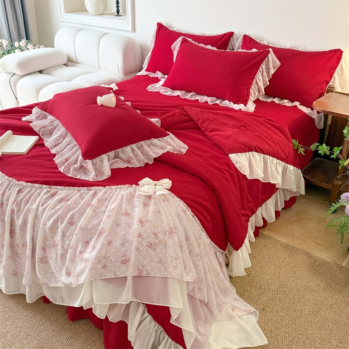富盛家纺 2026新款雪纺蕾丝刺绣法式床裙韩版夏凉被空调被夏被四件套 夏被四件套—浪漫主义（大红）