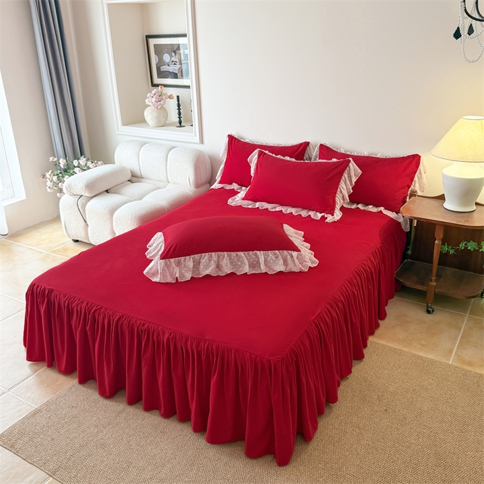 91家纺网 家纺一手货源 找家纺 富盛家纺 2026新款雪纺蕾丝刺绣法式床裙韩版夏凉被空调被夏被四件套 夏被四件套—浪漫主义（大红）