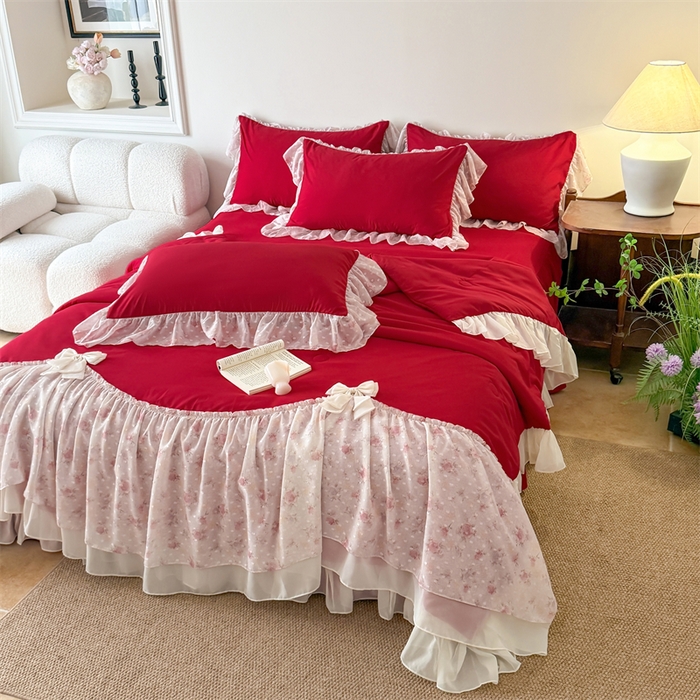 91家纺网 家纺一手货源 找家纺 富盛家纺 2026新款雪纺蕾丝刺绣法式床裙韩版夏凉被空调被夏被四件套 夏被四件套—浪漫主义（大红）