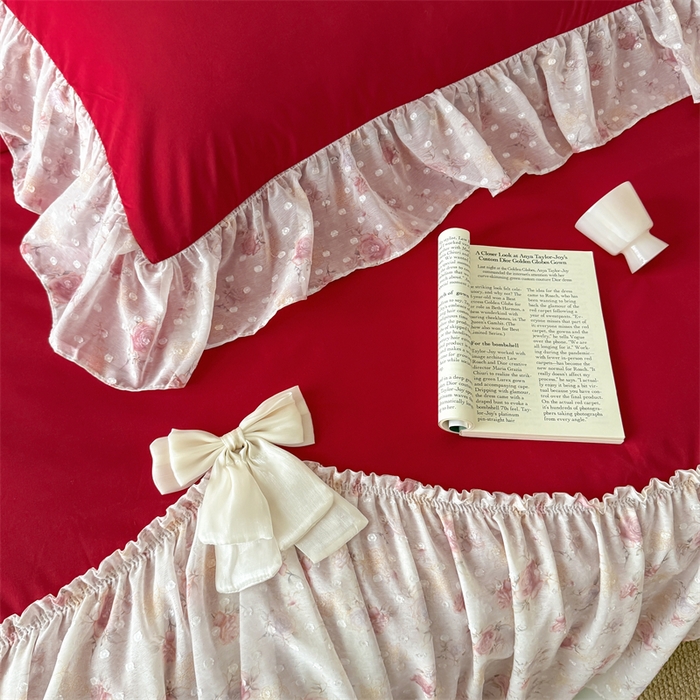 91家纺网 家纺一手货源 找家纺 富盛家纺 2026新款雪纺蕾丝刺绣法式床裙韩版夏凉被空调被夏被四件套 夏被四件套—浪漫主义（大红）