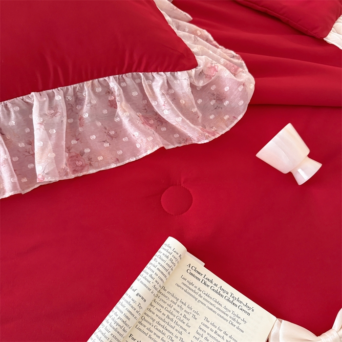 91家纺网 家纺一手货源 找家纺 富盛家纺 2026新款雪纺蕾丝刺绣法式床裙韩版夏凉被空调被夏被四件套 夏被四件套—浪漫主义（大红）