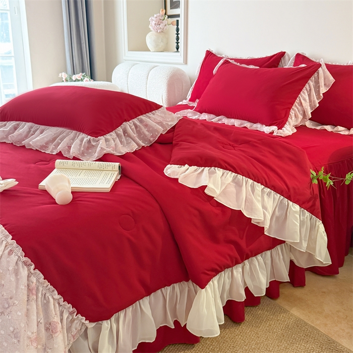 91家纺网 家纺一手货源 找家纺 富盛家纺 2026新款雪纺蕾丝刺绣法式床裙韩版夏凉被空调被夏被四件套 夏被四件套—浪漫主义（大红）