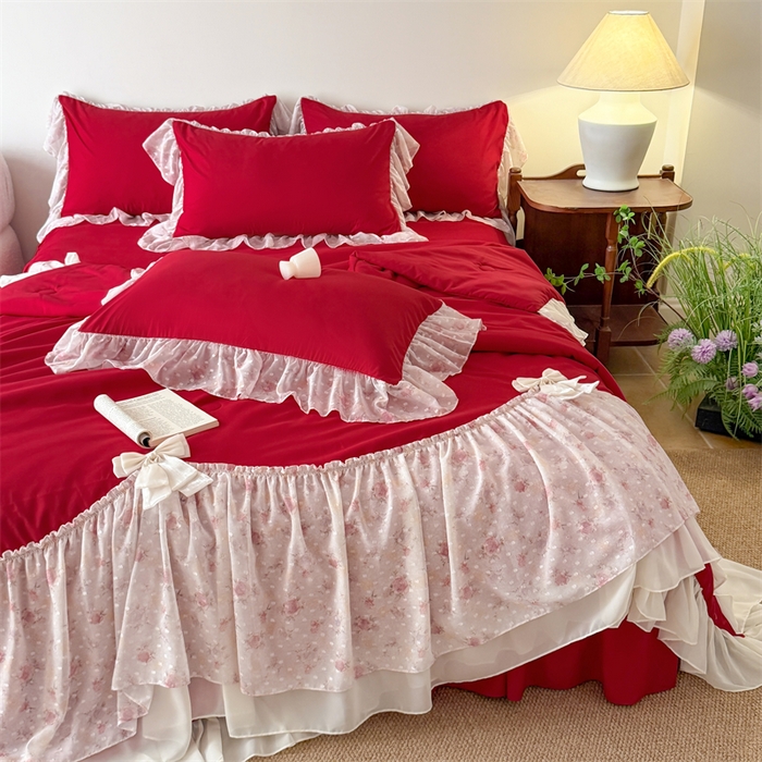 91家纺网 家纺一手货源 找家纺 富盛家纺 2026新款雪纺蕾丝刺绣法式床裙韩版夏凉被空调被夏被四件套 夏被四件套—浪漫主义（大红）
