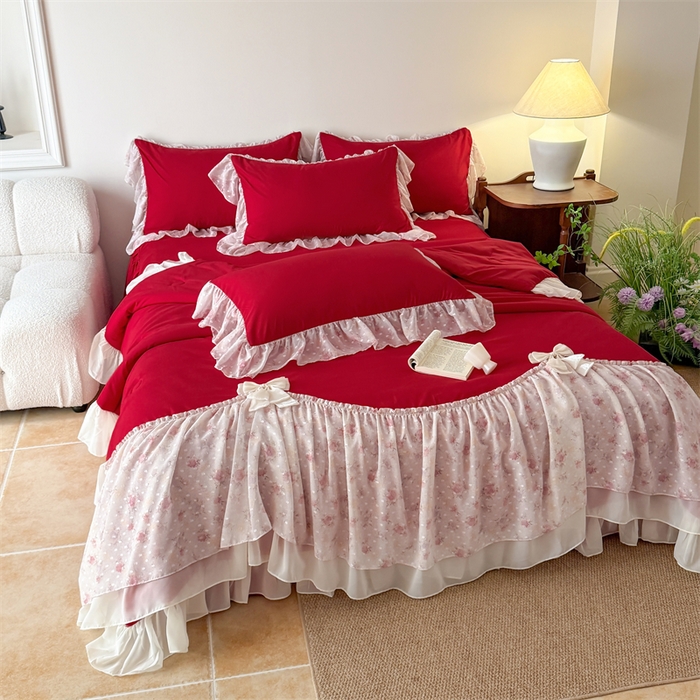 91家纺网 家纺一手货源 找家纺 富盛家纺 2026新款雪纺蕾丝刺绣法式床裙韩版夏凉被空调被夏被四件套 夏被四件套—浪漫主义（大红）