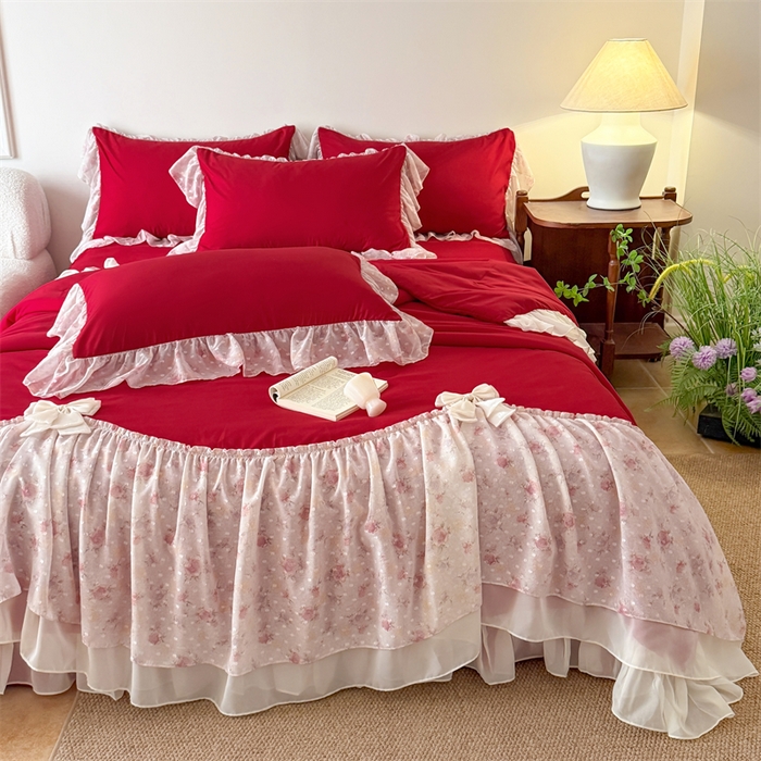 91家纺网 家纺一手货源 找家纺 富盛家纺 2026新款雪纺蕾丝刺绣法式床裙韩版夏凉被空调被夏被四件套 夏被四件套—浪漫主义（大红）