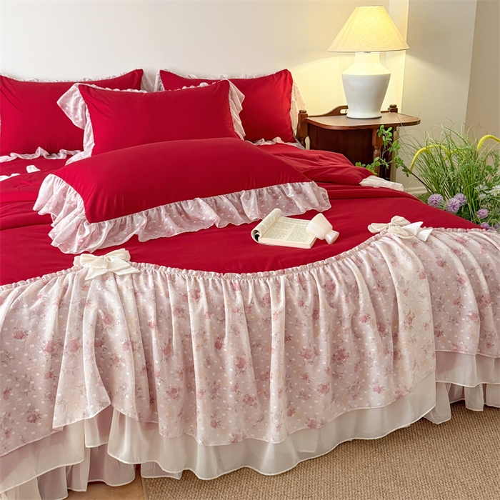 91家纺网 家纺一手货源 找家纺 富盛家纺 2026新款雪纺蕾丝刺绣法式床裙韩版夏凉被空调被夏被四件套 夏被四件套—浪漫主义（大红）