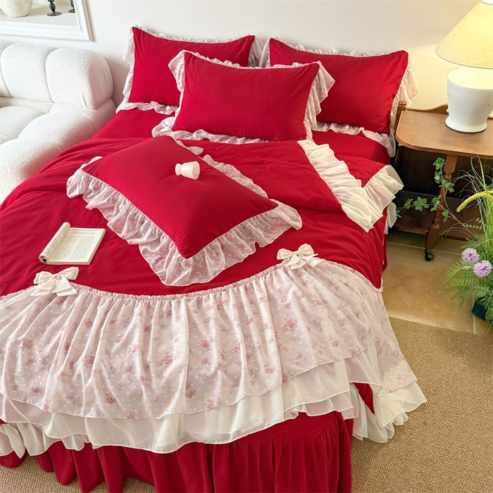 91家纺网 家纺一手货源 找家纺 富盛家纺 2026新款雪纺蕾丝刺绣法式床裙韩版夏凉被空调被夏被四件套 夏被四件套—浪漫主义（大红）