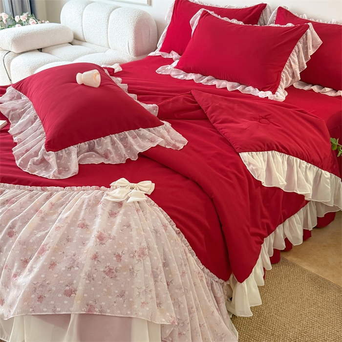 91家纺网 家纺一手货源 找家纺 富盛家纺 2026新款雪纺蕾丝刺绣法式床裙韩版夏凉被空调被夏被四件套 夏被四件套—浪漫主义（大红）