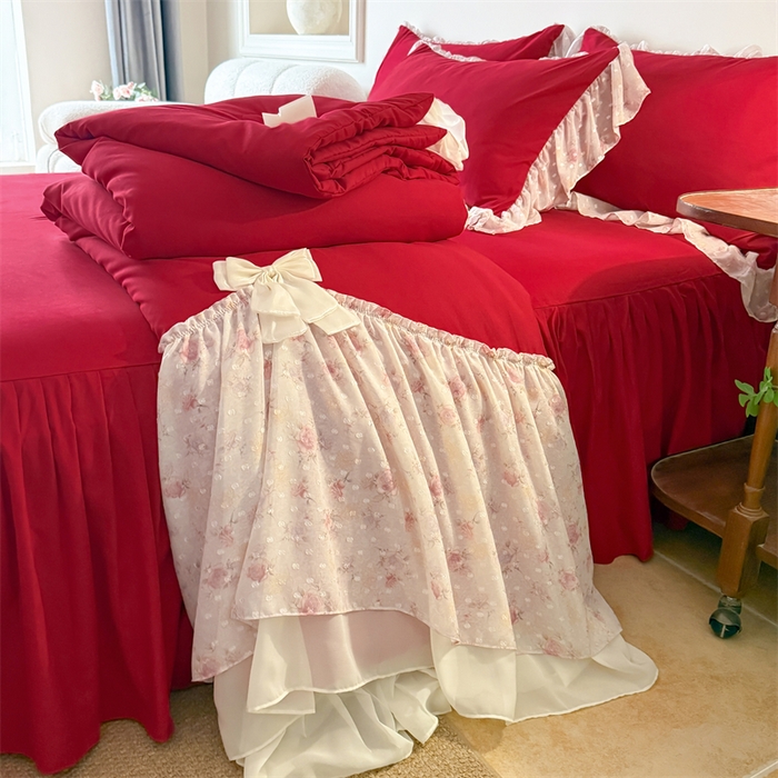 91家纺网 家纺一手货源 找家纺 富盛家纺 2026新款雪纺蕾丝刺绣法式床裙韩版夏凉被空调被夏被四件套 夏被四件套—浪漫主义（大红）
