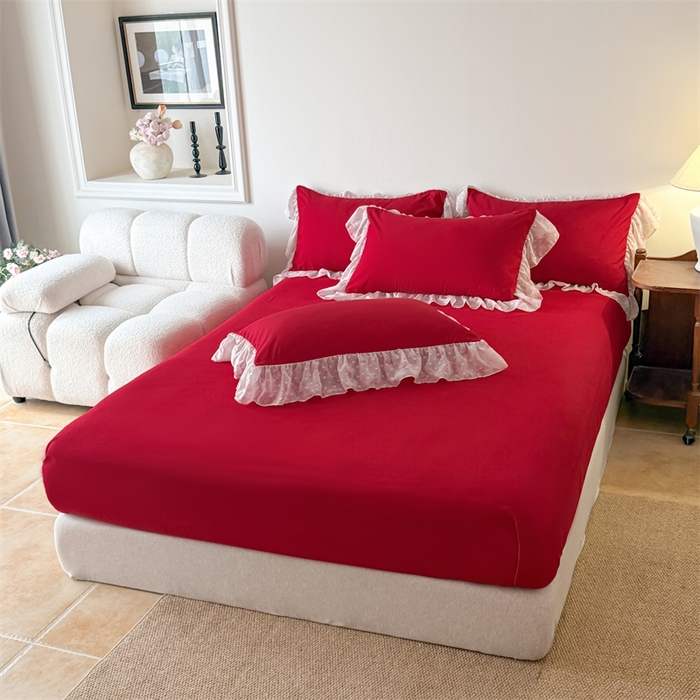 91家纺网 家纺一手货源 找家纺 富盛家纺 2026新款雪纺蕾丝刺绣法式床裙韩版夏凉被空调被夏被四件套 夏被四件套—浪漫主义（大红）