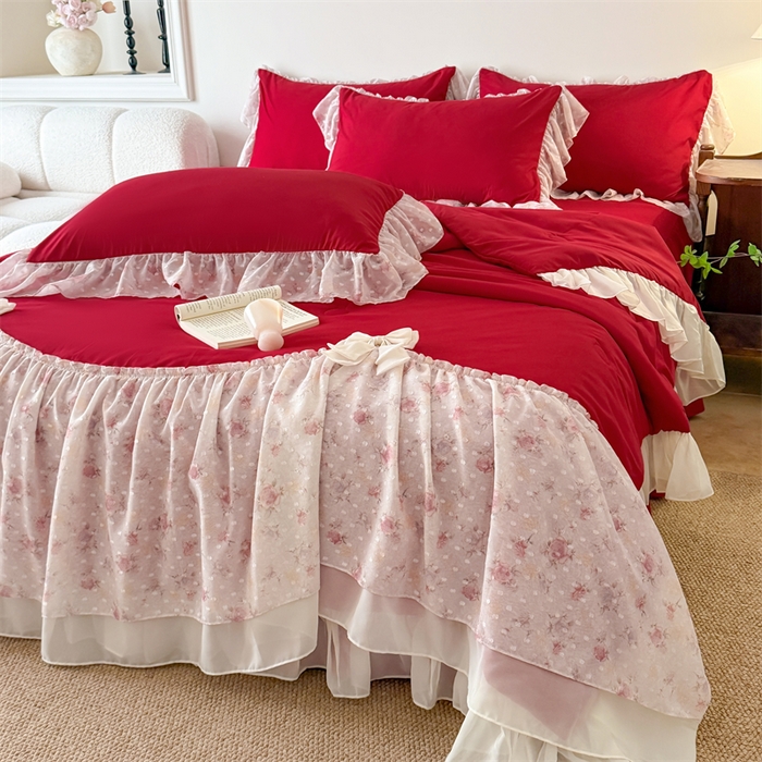 91家纺网 家纺一手货源 找家纺 富盛家纺 2026新款雪纺蕾丝刺绣法式床裙韩版夏凉被空调被夏被四件套 夏被四件套—浪漫主义（大红）