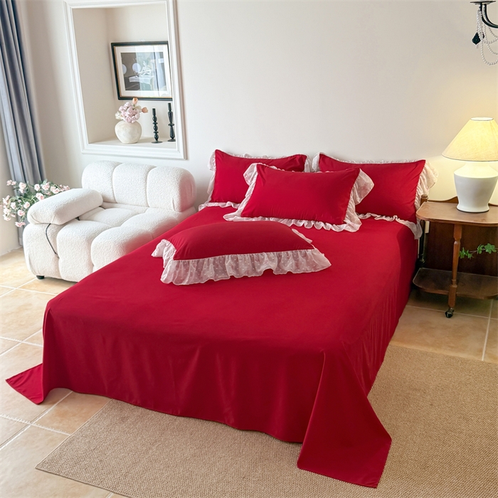 91家纺网 家纺一手货源 找家纺 富盛家纺 2026新款雪纺蕾丝刺绣法式床裙韩版夏凉被空调被夏被四件套 夏被四件套—浪漫主义（大红）