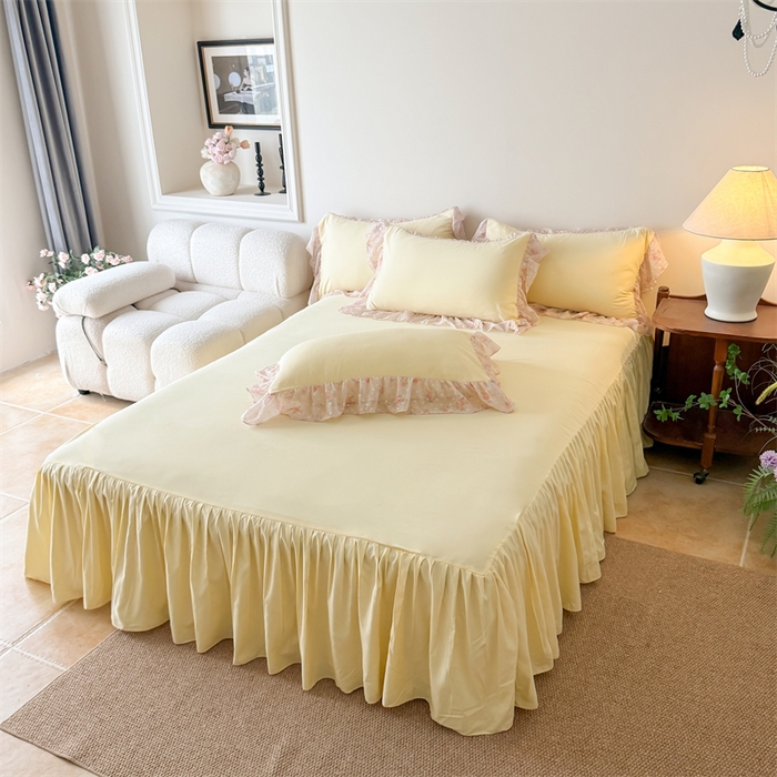 91家纺网 家纺一手货源 找家纺 富盛家纺 2026新款雪纺蕾丝刺绣法式床裙韩版夏凉被空调被夏被四件套 夏被四件套—浪漫主义（黄）