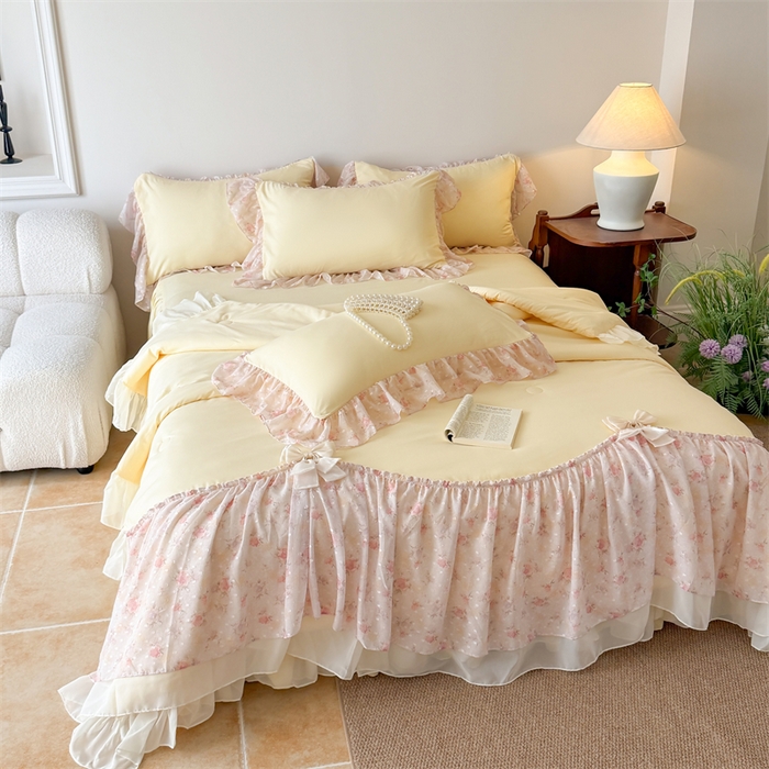 91家纺网 家纺一手货源 找家纺 富盛家纺 2026新款雪纺蕾丝刺绣法式床裙韩版夏凉被空调被夏被四件套 夏被四件套—浪漫主义（黄）