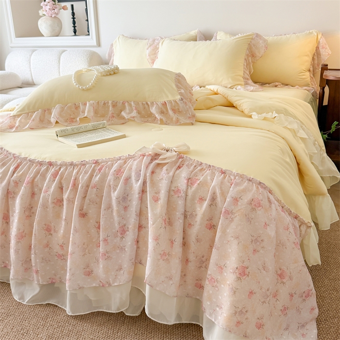 91家纺网 家纺一手货源 找家纺 富盛家纺 2026新款雪纺蕾丝刺绣法式床裙韩版夏凉被空调被夏被四件套 夏被四件套—浪漫主义（黄）