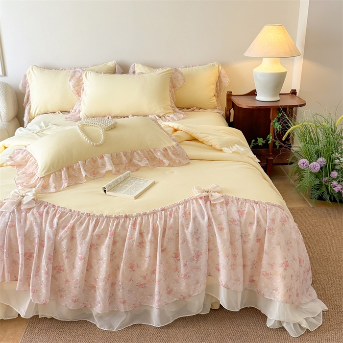 91家纺网 家纺一手货源 找家纺 富盛家纺 2026新款雪纺蕾丝刺绣法式床裙韩版夏凉被空调被夏被四件套 夏被四件套—浪漫主义（黄）