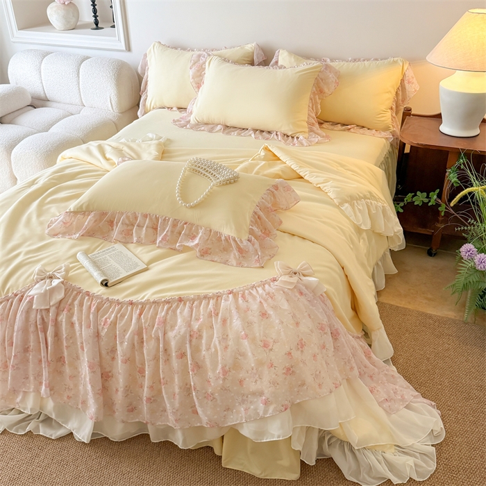 91家纺网 家纺一手货源 找家纺 富盛家纺 2026新款雪纺蕾丝刺绣法式床裙韩版夏凉被空调被夏被四件套 夏被四件套—浪漫主义（黄）