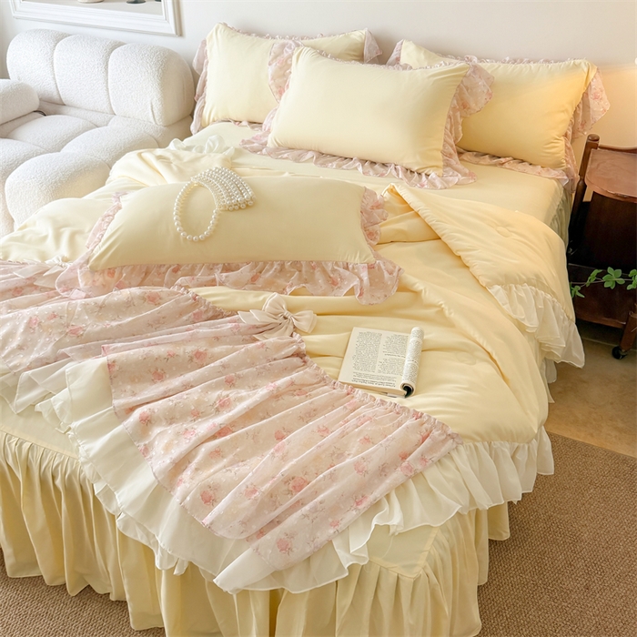 91家纺网 家纺一手货源 找家纺 富盛家纺 2026新款雪纺蕾丝刺绣法式床裙韩版夏凉被空调被夏被四件套 夏被四件套—浪漫主义（黄）