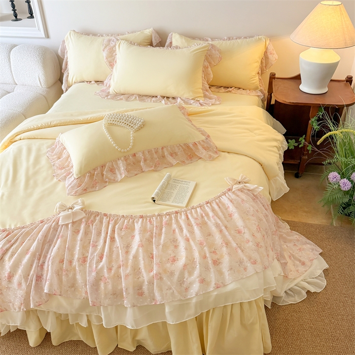 91家纺网 家纺一手货源 找家纺 富盛家纺 2026新款雪纺蕾丝刺绣法式床裙韩版夏凉被空调被夏被四件套 夏被四件套—浪漫主义（黄）