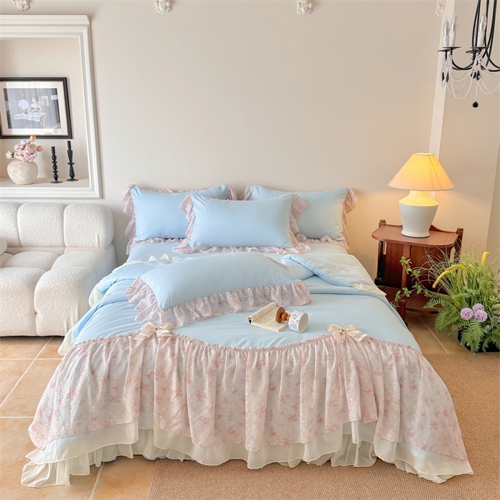 91家纺网 家纺一手货源 找家纺 富盛家纺 2026新款雪纺蕾丝刺绣法式床裙韩版夏凉被空调被夏被四件套 夏被四件套—浪漫主义（蓝）