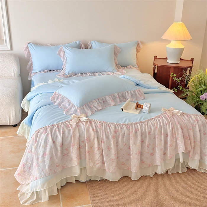 91家纺网 家纺一手货源 找家纺 富盛家纺 2026新款雪纺蕾丝刺绣法式床裙韩版夏凉被空调被夏被四件套 夏被四件套—浪漫主义（蓝）