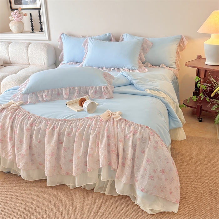 91家纺网 家纺一手货源 找家纺 富盛家纺 2026新款雪纺蕾丝刺绣法式床裙韩版夏凉被空调被夏被四件套 夏被四件套—浪漫主义（蓝）