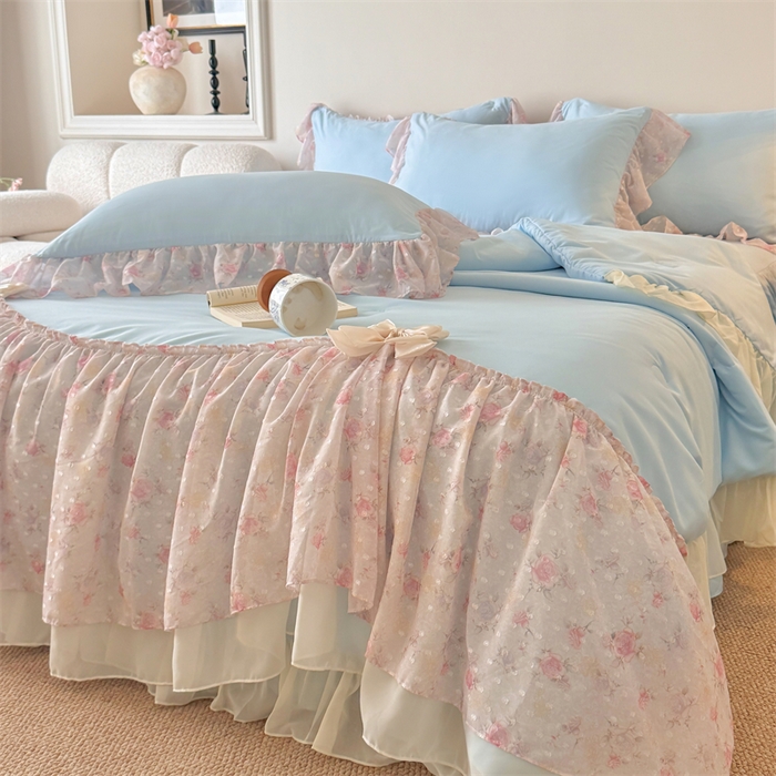 91家纺网 家纺一手货源 找家纺 富盛家纺 2026新款雪纺蕾丝刺绣法式床裙韩版夏凉被空调被夏被四件套 夏被四件套—浪漫主义（蓝）